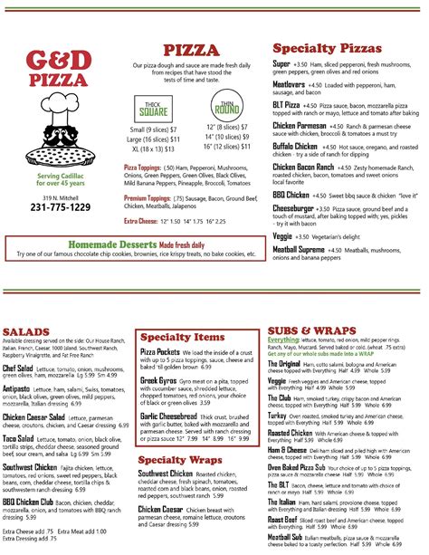 G and d pizza - welcome to loiee g's pizza! We are a pizza restaurant that specializes in hand-tossed pizza, made by the slice or whole pizzas. Our menu also includes subs, pastas, salads, and soups. Come check out our wine, beer, and spirit collection! order online. JOIN US FOR TRIVIA MARCH 19TH at 6:00 PM. 